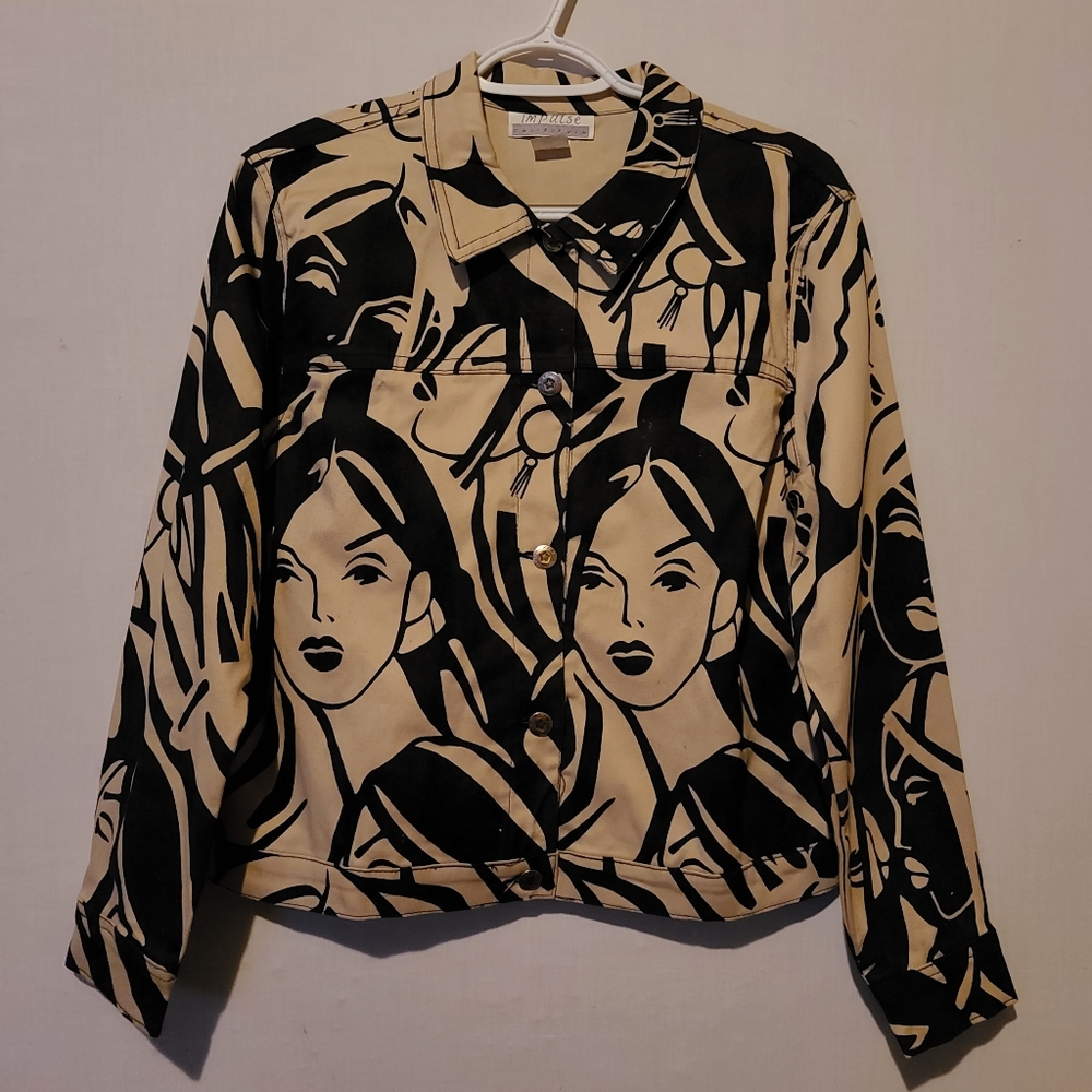 Impulse Size M Abstract Face Print Button Front C… - image 1